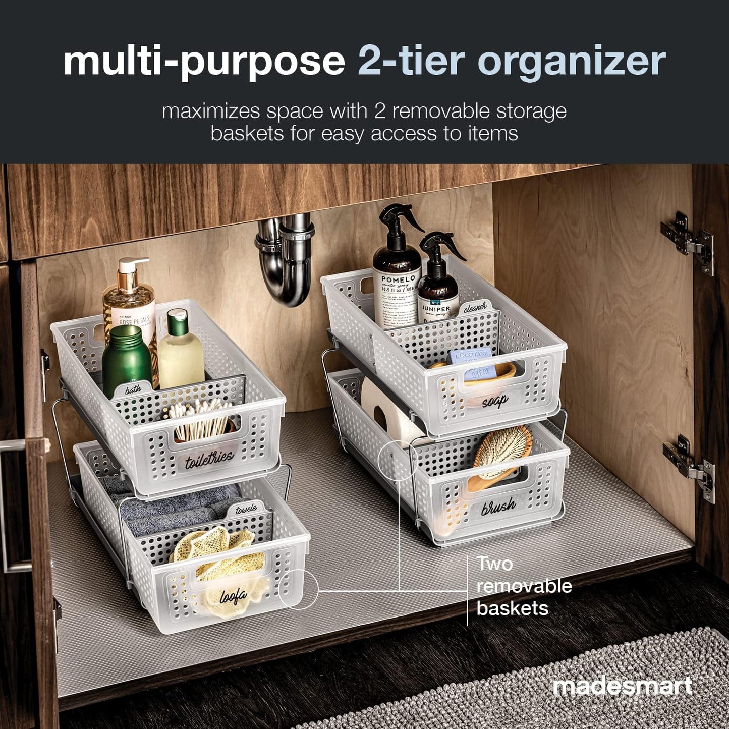 madesmart 2 Tier Bath Organizer, Undersink Storage with Sliding Drawers, for Cleaning Supplies, Pantry, Sponges, Bottles & Kitchen Essentials, Adjustable Dividers & Pull Out Sliding Baskets, Frost
