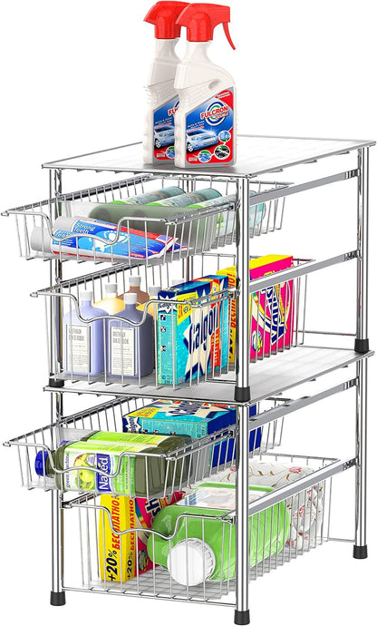 Simple Houseware Stackable 3 Tier Sliding Basket Organizer Drawer, Chrome