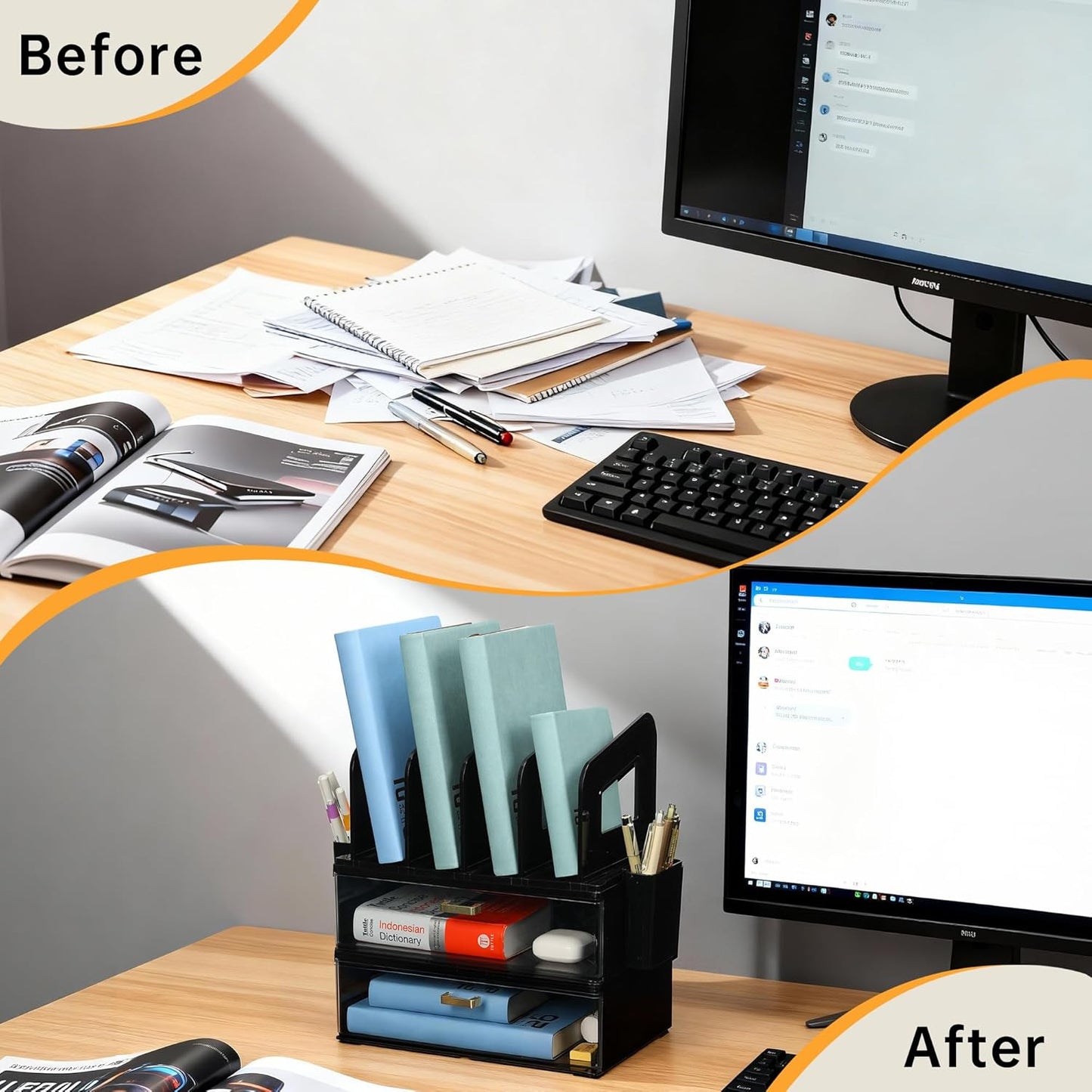CiWiVOKi Desk Organizer with 2 Vertical File Holder, 4 Tier Stackable Paper Letter Tray File Organizer with 5-Compartments Pen Holder, Clear Desktop Organizer Office Organization and Storage
