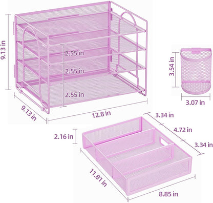 Marbrasse Desk Organizer and Accessories，4-Tier Paper Letter Tray Organizer with File Holder，Desk Accessories & Workspace Desktop Organizers for School Home Office Supplies (Blue)
