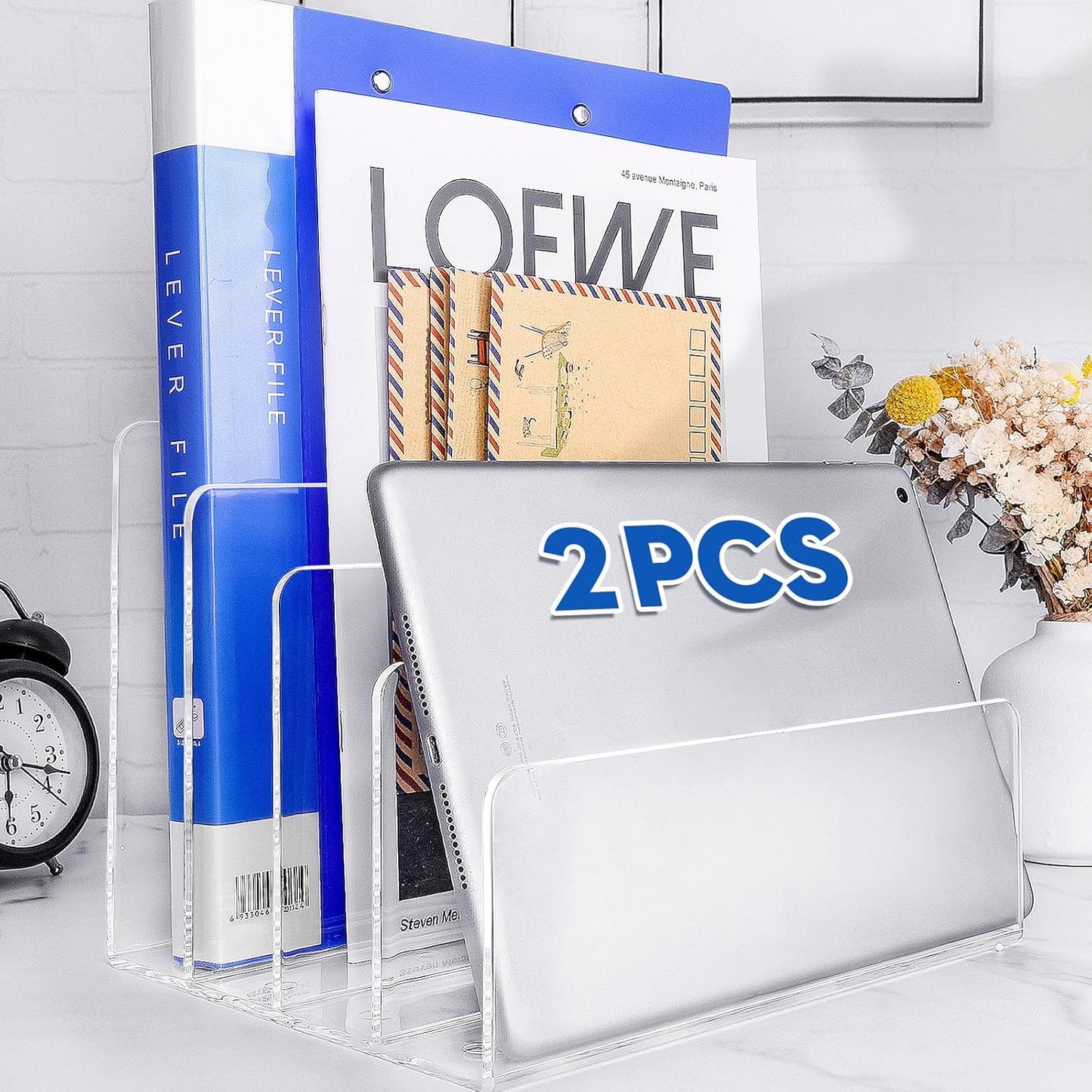 4 Section Acrylic File Organizer, Clear Desk Organizer and Accessories, Sturdy File Folder Holder Sorter, Office Supplies for Mail Letter Paper Electronic Notebook