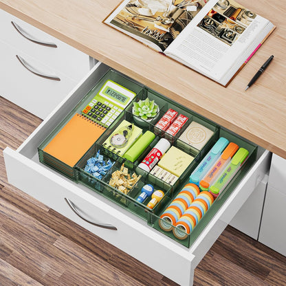 Marbrasse Expandable Desk Drawer Organizer, Clear Plastic Drawer Organizer Tray with 10 Adjustable Compartments, Desk Organizers and Accessories, 5 Drawer Dividers for Office Supplies, Makeup(Black)