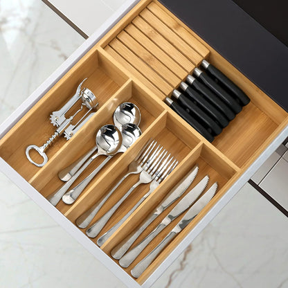 VaeFae Bamboo Silverware Drawer Organizer Kitchen, Expandable Utensil Organizer with Knife Block, Cutlery Tray with Divider, Multifunctional Drawer Organizer