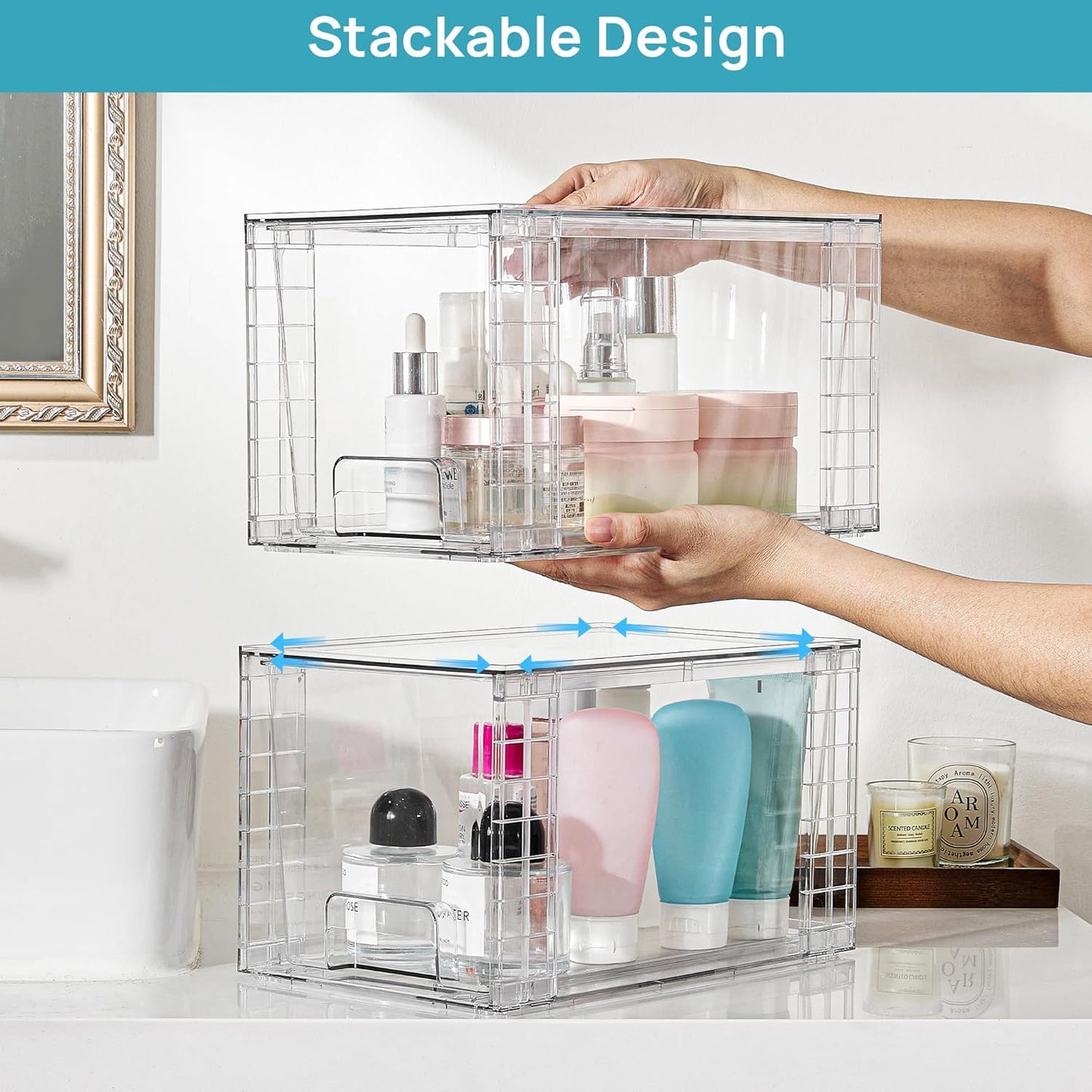 Vtopmart 4 Pack Large Stackable Storage Drawers,Easily Assemble Acrylic Bathroom Closet Undersink Organizers and Storage,Plastic Bins for Kitchen Cabinets,Pantry,Makeup,Medicine Organization