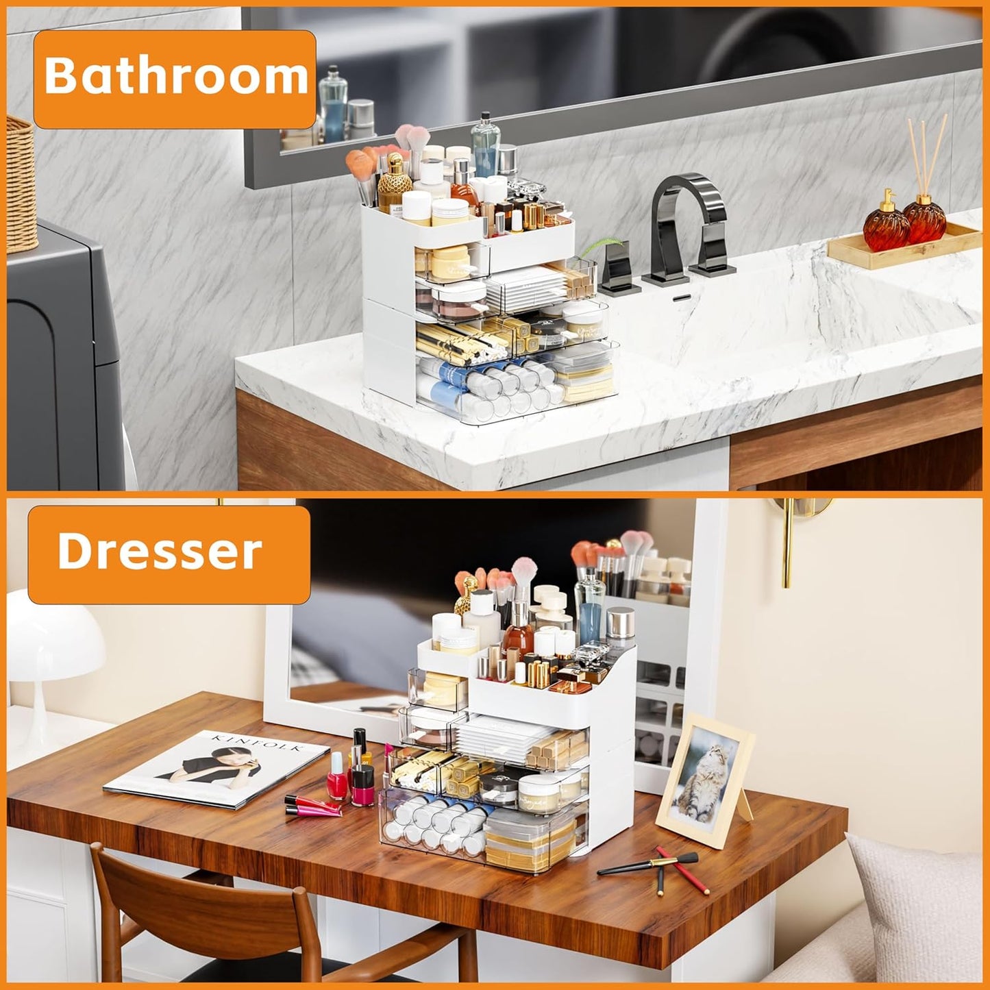 White Makeup Organizer With Drawers,Large Skincare Organizers for Countertop,Desk,Dresser,Plastic Bathroom Counter Organizer for Brush,Palettes,Perfume,Beauty Products Organization,Skin Care Storage