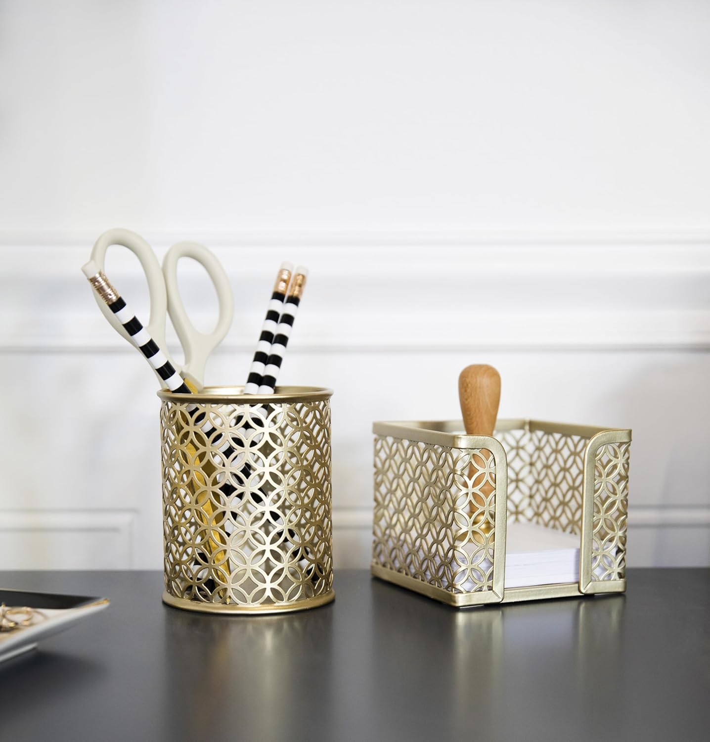BLU MONACO Gold Pen Holder for Desk - Gold Pen & Pencil Cup - Brush Holder with Metal Circular Design
