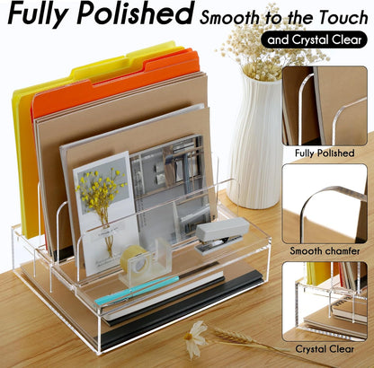 DINGHUO Desk Organizers and Accessories, Acrylic File Folder Rack with 3 Vertical File Holder, Letter Size Paper Tray Office Supplies Storage for Home Office -1 Pack