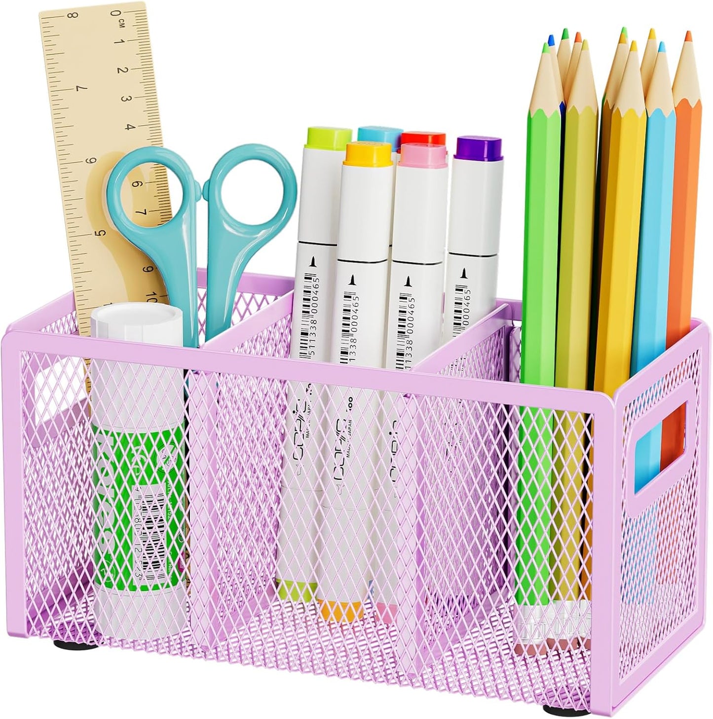 Marbrasse Mesh Pen Holder for Desk,Pencil Holder Desk Organizer 3 Adjustable Compartments,Pencil Cup with Handle Perfect for Classroom, Office, Home,Makeup,Art (Black)