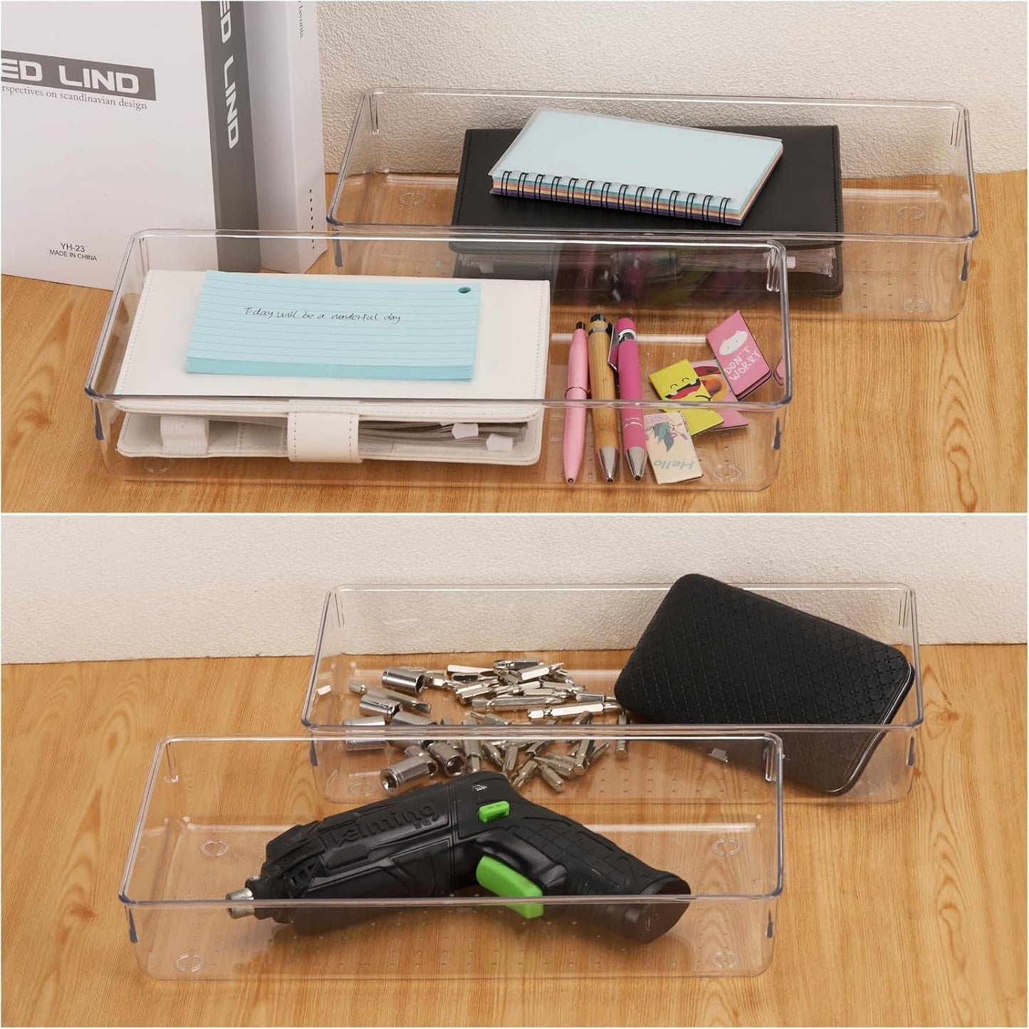 Ohlove 6 Pcs Large Clear Plastic Drawer Organizers Tray 15" x 6.3" Storage Bins with 25 Pcs Non-Slip Pads for Makeup, Jewelries, Kitchen Utensils, Bathroom and Office