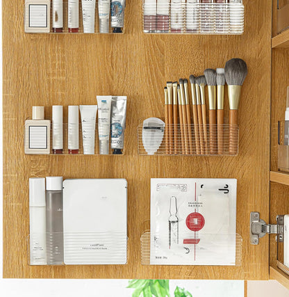 MORNITE Bathroom Medicine Cabinet Organizer Set, Narrow Compact Makeup Shelves Holder for Lipstick, Cosmetic, 2 Pcs Trays for Cabinet Door Wall, Vanity - Clear