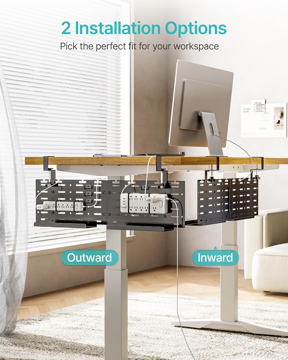 Under Desk Cable Management Tray, 30.2" Vertical Metal Pegboard Organizer for Power Strip, Cables, Clamp On Cord Organizer Rack with Hooks, Trays & Cable Straps for Home Office, White