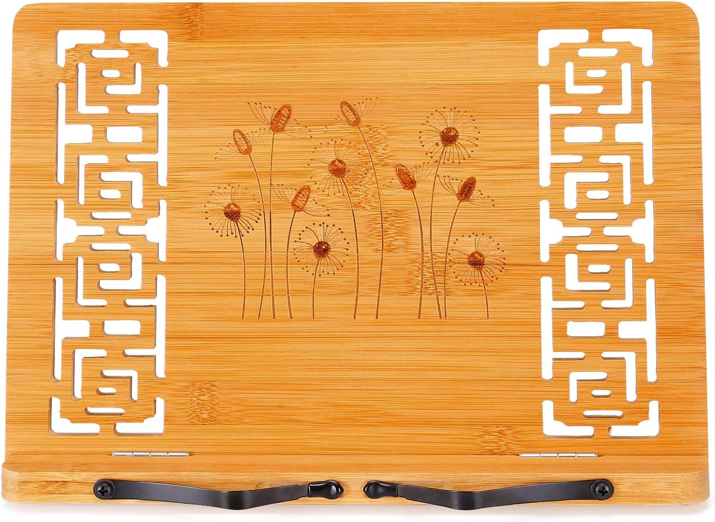 MEGREZ Bamboo Book Stand (13.2 x 9.4 inch) for Reading, Kitchen Cookbook Holder, Adjustable for Tablet/Textbook, Hollow Bookrest, Panda