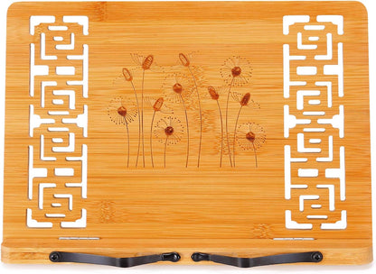 MEGREZ Bamboo Book Stand (13.2 x 9.4 inch) for Reading, Kitchen Cookbook Holder, Adjustable for Tablet/Textbook, Hollow Bookrest, Panda