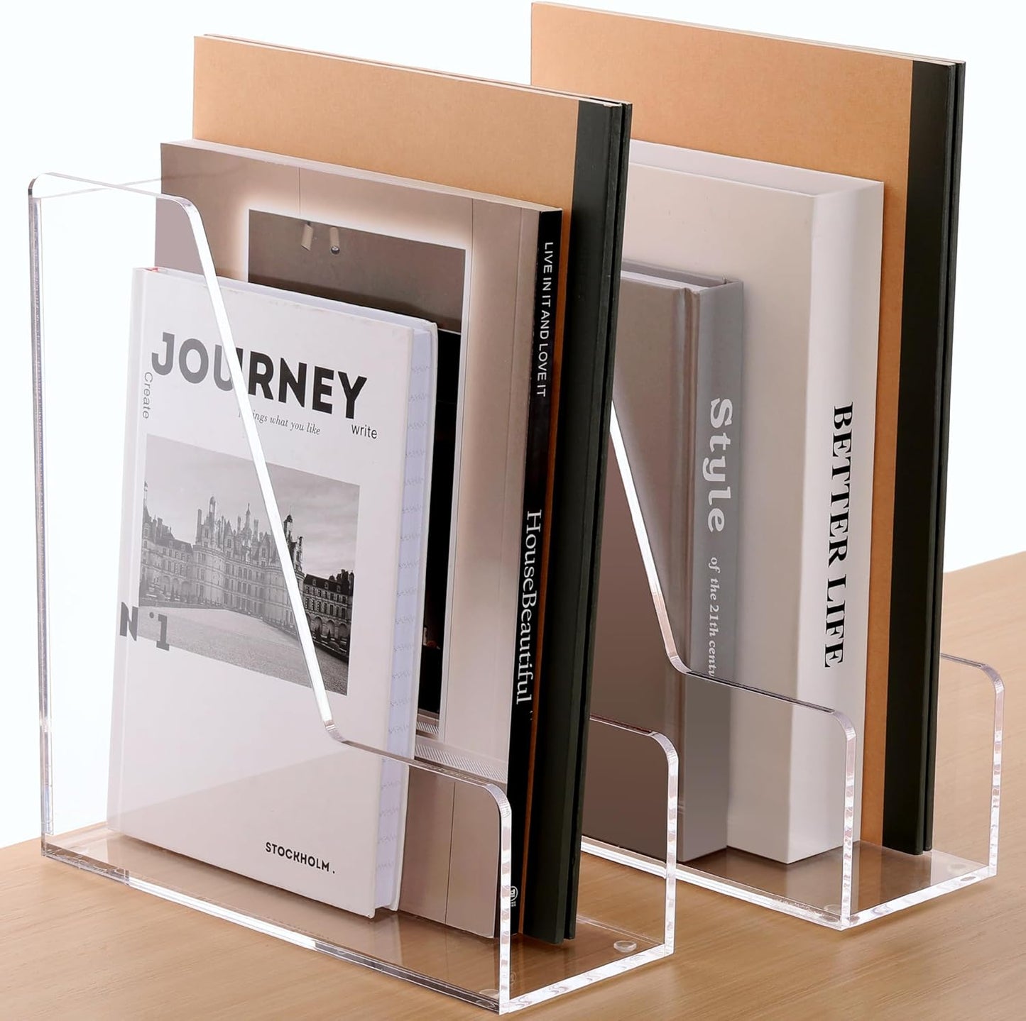 SANRUI Acrylic File Organizer, Clear Magazine File Holder Desk Organizer for Office Organization and Storage with 5 Vertical Compartments, Desktop Bookshelf for Home Office Organization