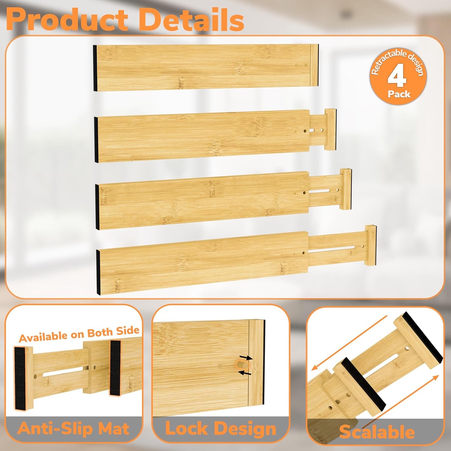 BAMEOS Drawer Dividers kitchen Organization Bamboo Utensil Organizers for Kitchen Bedroom Bathroom Dresser Office 4-pack