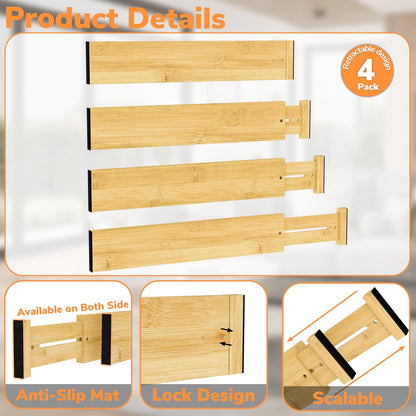 BAMEOS Drawer Dividers kitchen Organization Bamboo Utensil Organizers for Kitchen Bedroom Bathroom Dresser Office 4-pack