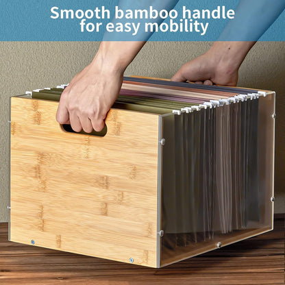 Sbanmao Clear Acrylic File Box Organizer, Bamboo Hanging Folder Storage Boxes, Filing Crate Bin Holder with Handle for Home Office Desk, Letter Size