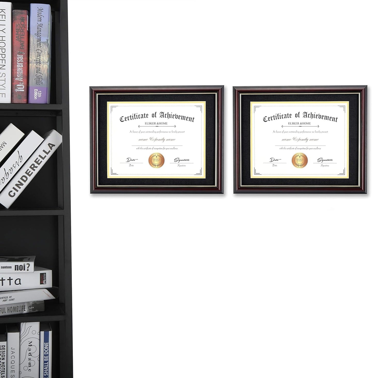 ELSKER&HOME Diploma Frame - Wide Solid Wood Frame - Black Velvet Golden Rim Mat - Semi-Tempered Glass - Includes Hanging Hardware and Desktop Easel(ONLY Display 11×14 Document/Certificate)