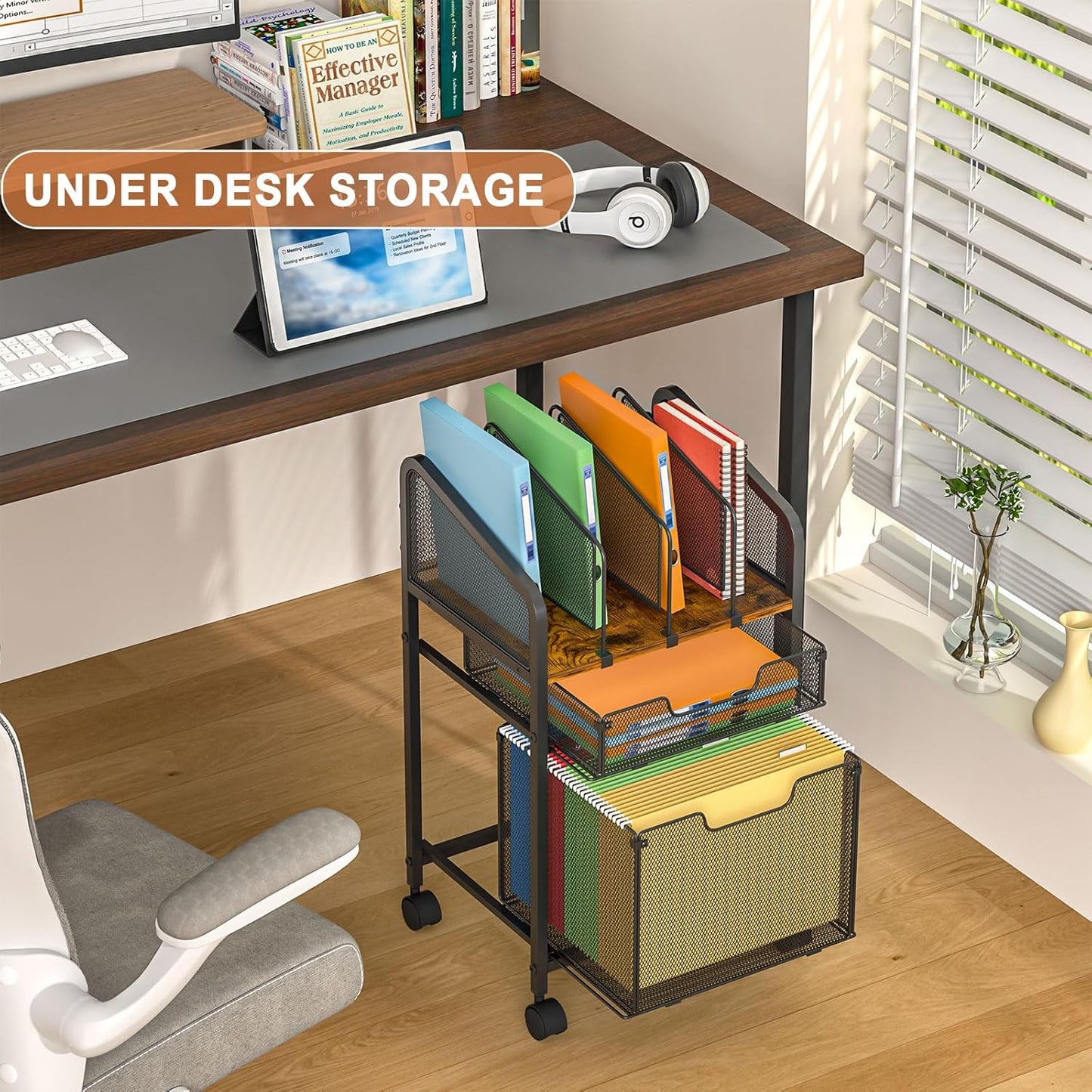 Tiaoheka Rolling File Cabinet with Adjustable Dividers, Vertical Filing Cabinet with Storage Drawer on Lockable Wheels, Hanging File Organizer Beside Under Desk for Office, Home（Patent Pending）