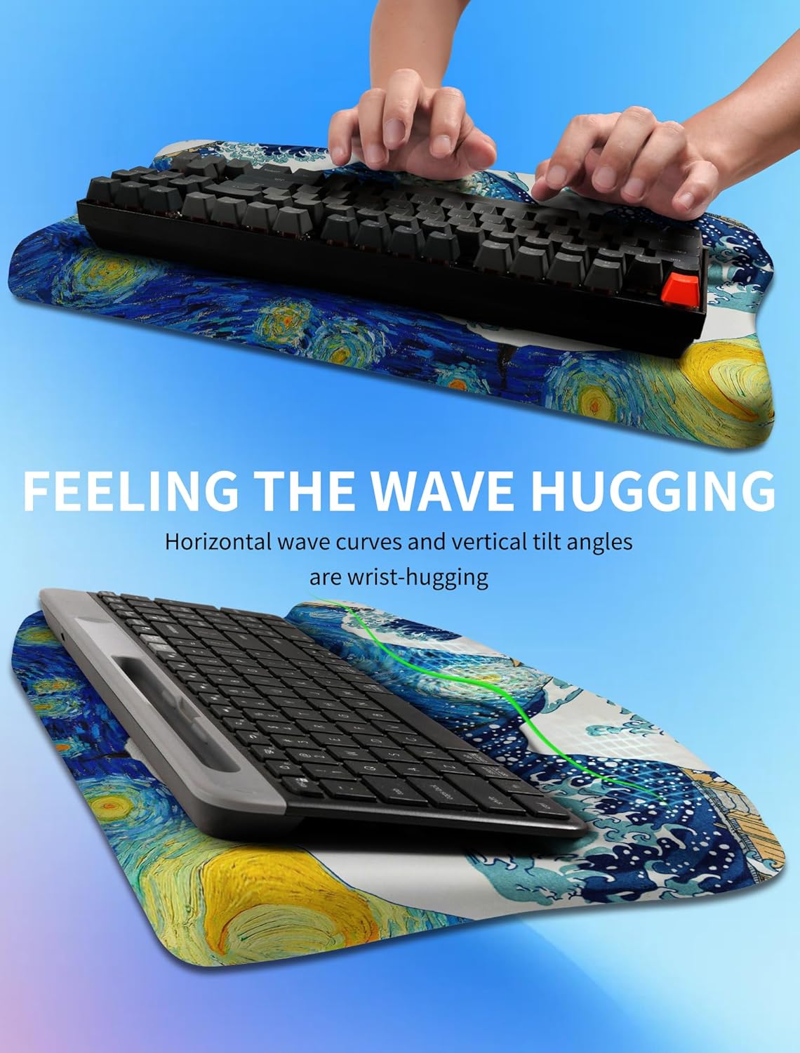 Ergonomic Wave Wrist Rest with Keyboard Stand, Cushioned Palm Rest, Comfortable Integrated Memory Foam for Natural Typing and Relieve Wrist Pain, Dark Night Black