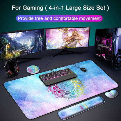 Keyboard Wrist Rest + Mouse Pad with Wrist Support + Desk Mat + Coaster 4 in 1 Set, XXL Large Gaming Mousepad Cute Ergonomic Mouse Pads for Desk Computer Laptop Office Decor-Beach