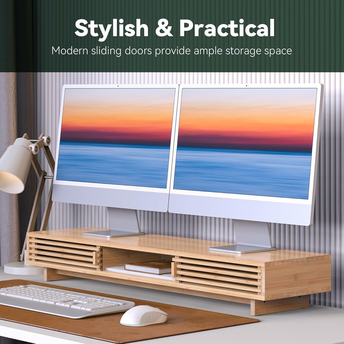 Monitor Stand Riser with Sliding Door, Computer Laptop Stand Desk Shelf Organizer with Storage (Natural Bamboo, 25 Inch)