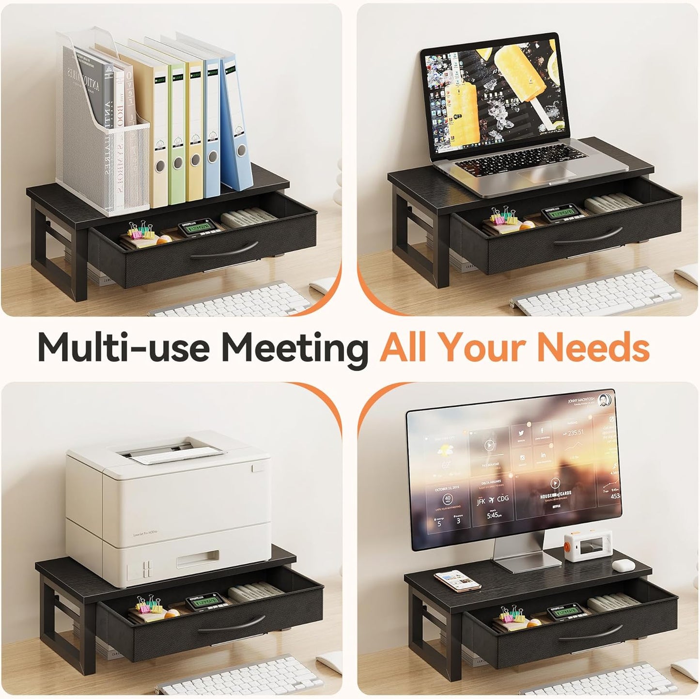 Desk Organizers and Accessories, Computer Monitor Stand Riser with Fabric Drawer, 2-Tier Laptop Stand for Desk, Office Organization Accessories, Pink
