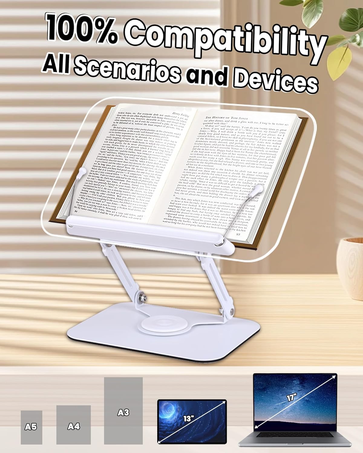 ASIEIT Desk Clamp Book Stand, Aluminum Book Holder Adjustable Height & Angle, Cookbook Stand for Kitchen, Recipe Book Holder with 360° Swivel Base, Book Stand for Reading, Office, Laptop