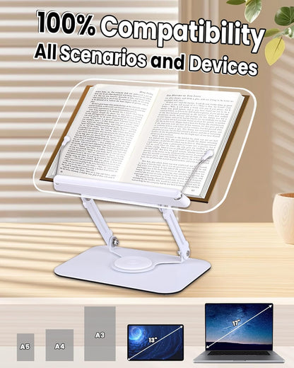 ASIEIT Desk Clamp Book Stand, Aluminum Book Holder Adjustable Height & Angle, Cookbook Stand for Kitchen, Recipe Book Holder with 360° Swivel Base, Book Stand for Reading, Office, Laptop