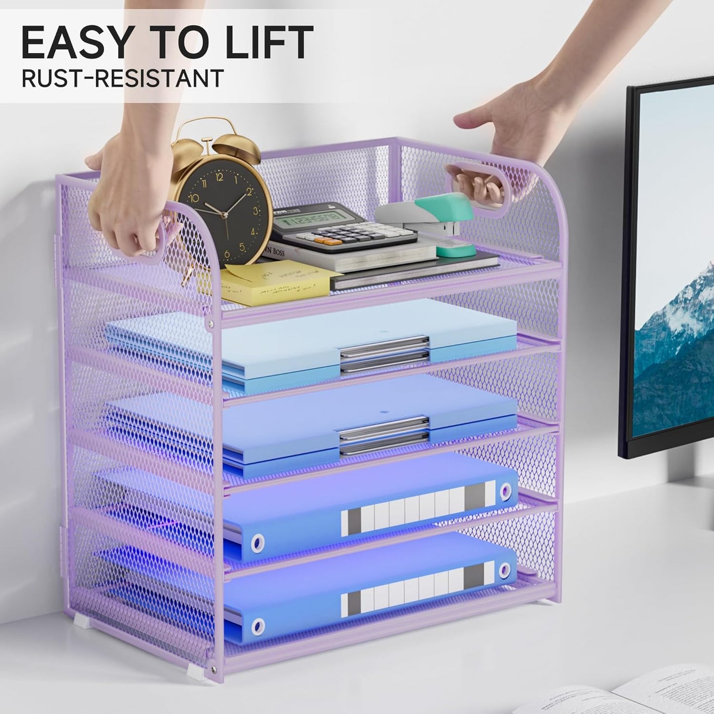 Paper Organizer Letter Tray with Handle, 5-Tier Black Stackable Desk Organizer with Metal Mesh, Sturdy Paper Tray for Office Desk, Home & Classroom Supplies Storage