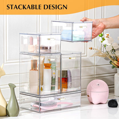 LALOBLUE Set of 5 Stackable Storage Drawers, Clear Acrylic Organizer Bins for Beauty Supplies, Perfect for Makeup Vanity, Undersink, Kitchen, Cabinet,Pantry Organization and Storage