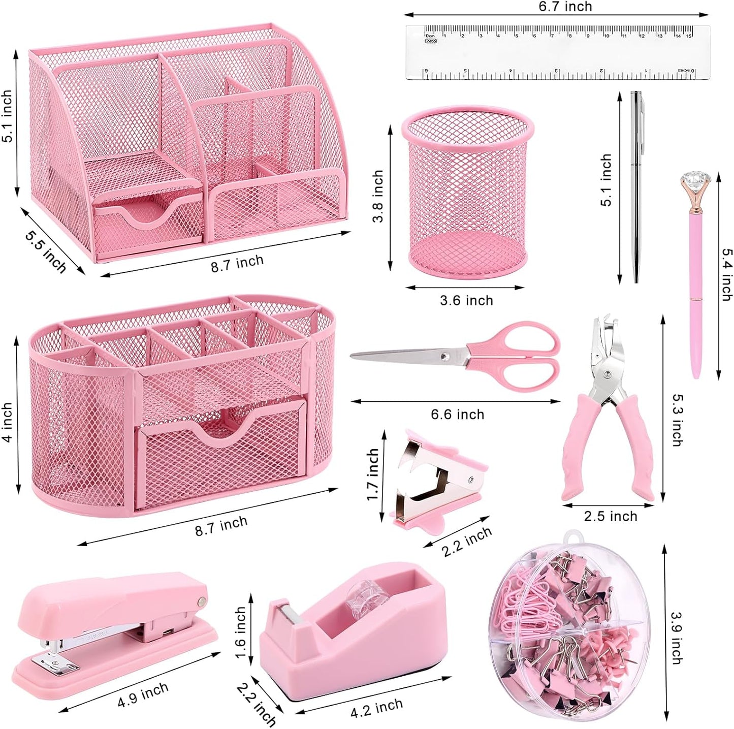 17 in1 Silvery Desk Organizers and Accessories Set, 3 Office Desk Supplies Storage Organization, 4 Pens, Stapler, Staples & Remover, Tape & Dispenser, Scissors, Ruler, Clips, Hole Punch Back to School