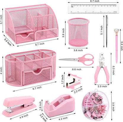 17 in1 Silvery Desk Organizers and Accessories Set, 3 Office Desk Supplies Storage Organization, 4 Pens, Stapler, Staples & Remover, Tape & Dispenser, Scissors, Ruler, Clips, Hole Punch Back to School