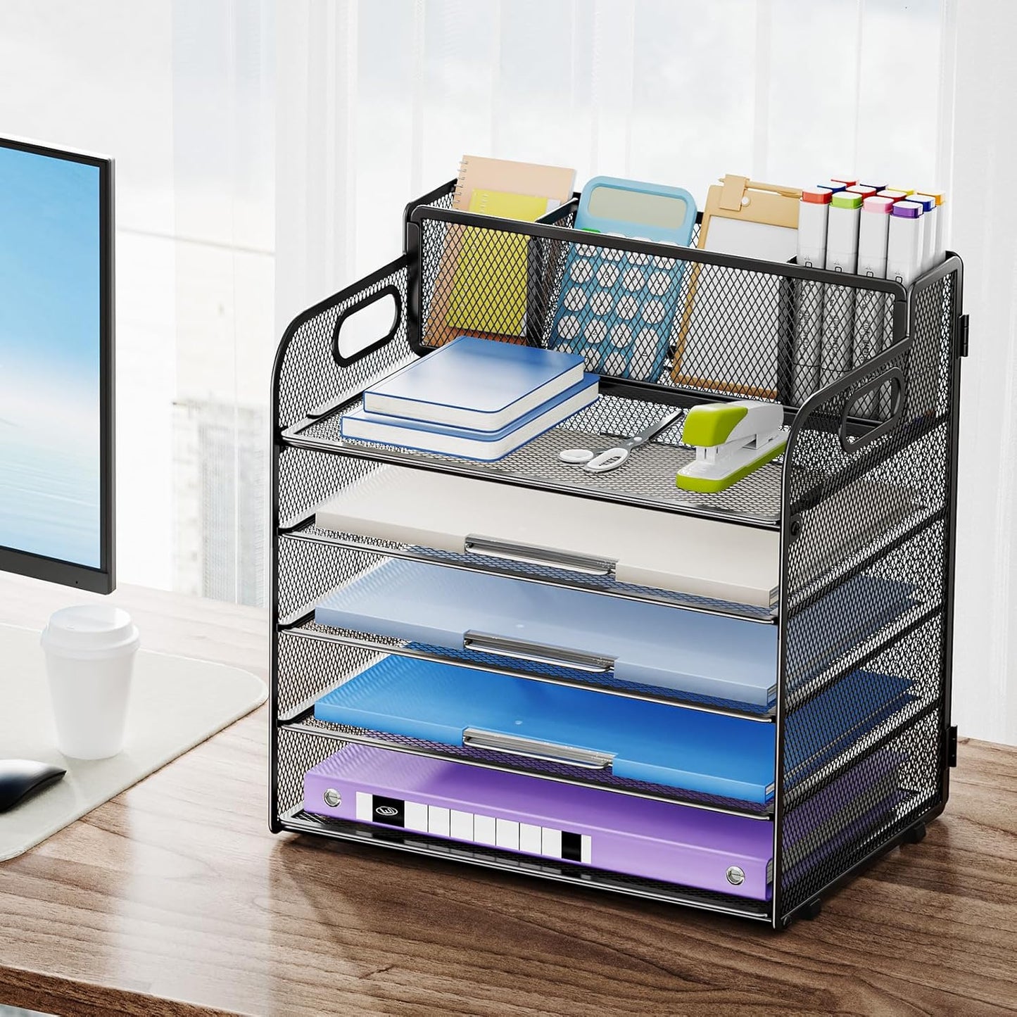 Marbrasse 5-Tier Letter Tray Paper Organizer with Handle, Multi-Functional Mesh File Organizer for Desk, Adjustable Compartments Mesh Desktop Storage for Office Supplies,Black