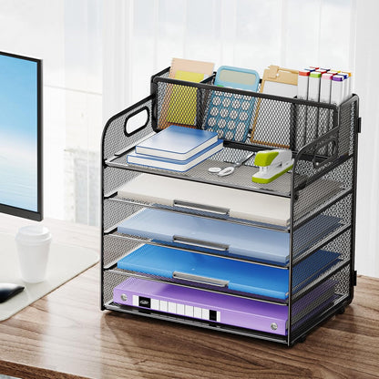 Marbrasse 5-Tier Letter Tray Paper Organizer with Handle, Multi-Functional Mesh File Organizer for Desk, Adjustable Compartments Mesh Desktop Storage for Office Supplies,Black