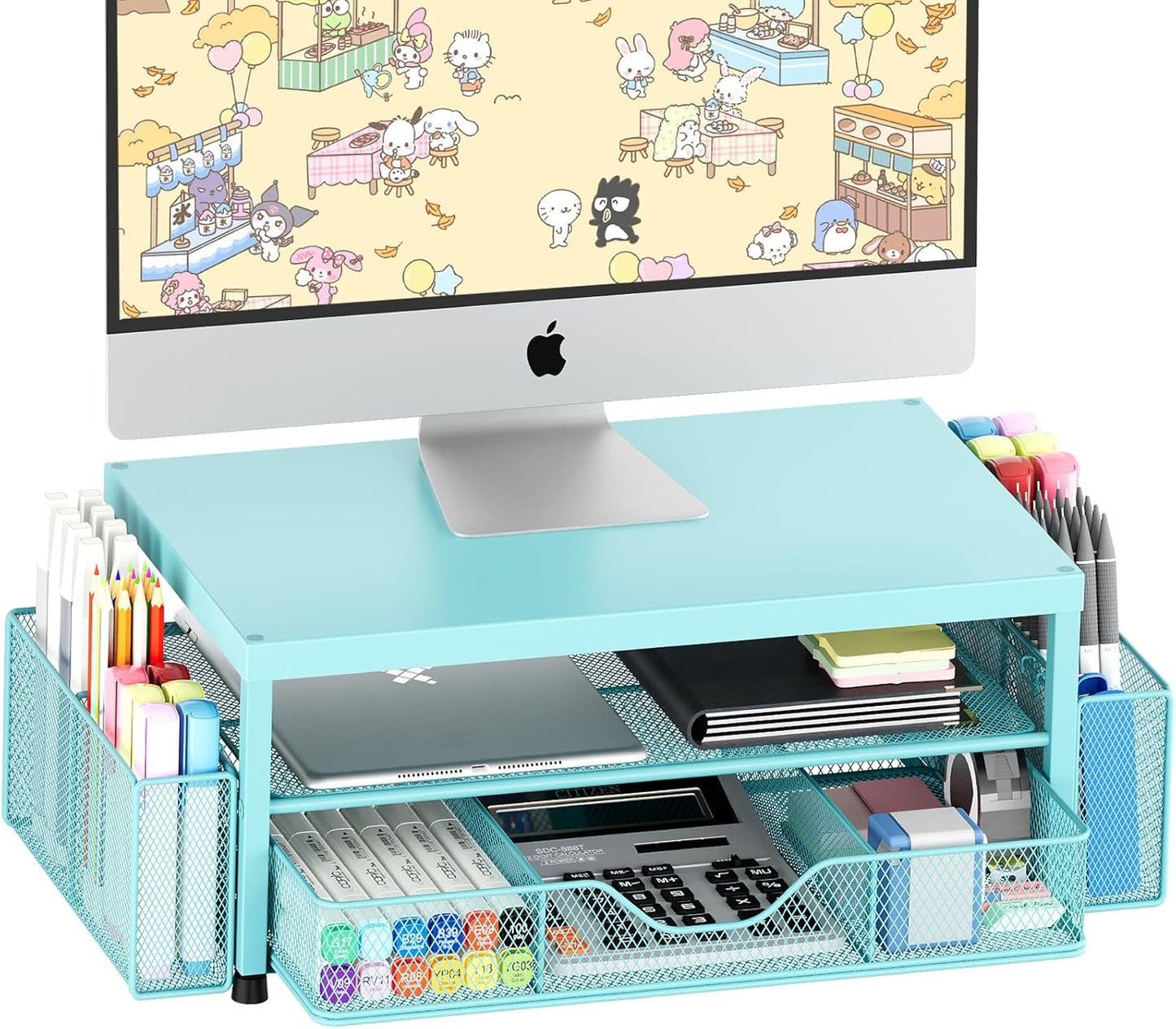 OPNICE Desk Organizer and Accessories, 2-Tier Computer Monitor Stand Riser with Drawer and 2 Pen Holders, Laptop Stand, Office Desk Accessories for Office Supplies, Black