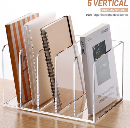 YUXUN Acrylic Magazine Holder,Clear Desk Organizer File Sorter for Notebook,Paper,Envelope,Magazine, Book Storage-Office/Home/Classroom Organization(4 Compartments,B5)