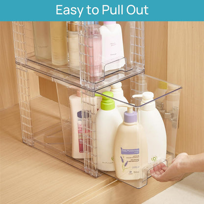 Vtopmart 4 Pack Stackable Storage Drawers,Clear Acrylic Drawer Organizers with Handles, Easily Assemble for Fridge, Bathroom,Kitchen Undersink,Cabinet,Pantry Organization and Storage