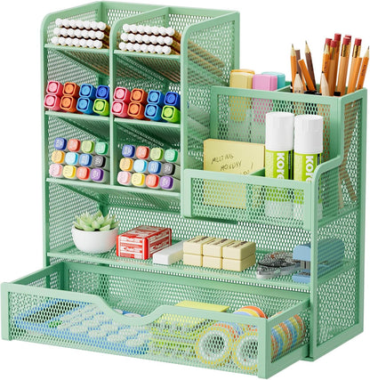 Marbrasse Mesh Pen Holder for Desk, Multi-Functional Pencil Organizer with Drawer, Desk Organizers and Accessories for Office Art Supplies (Black)