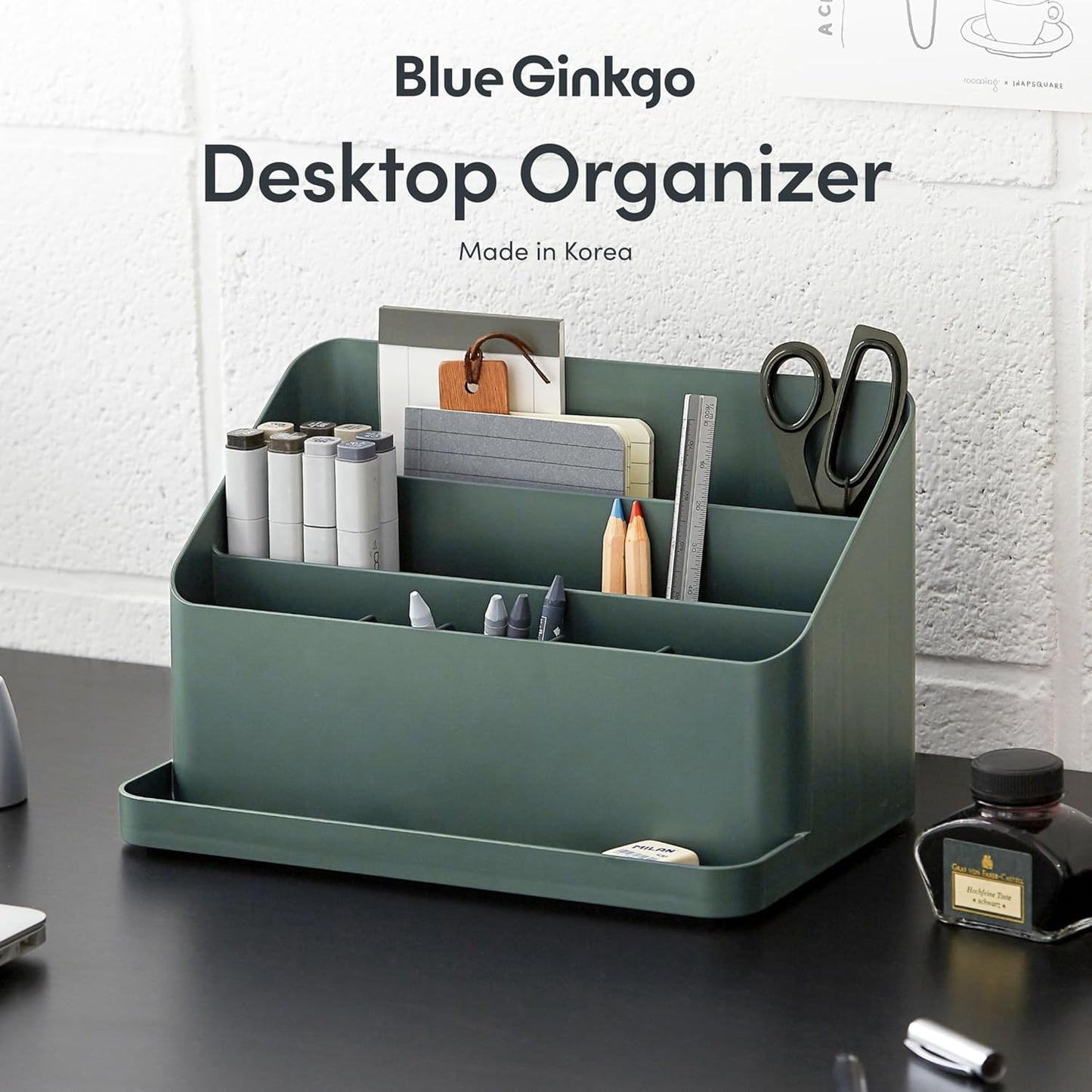 BLUE GINKGO Desk Holder – Korean-Made Office Organizer for Pencils, Pens, Notes, and Desk Supplies (White)