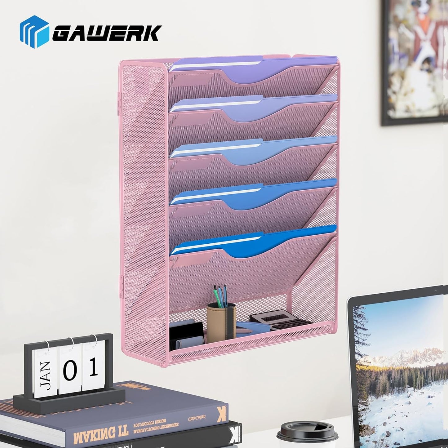 Gawerk 5 Tier Hanging Wall File Organizer, Mesh Mail Paper Orgnization Hanging File Folder Holder for Home Office, Black