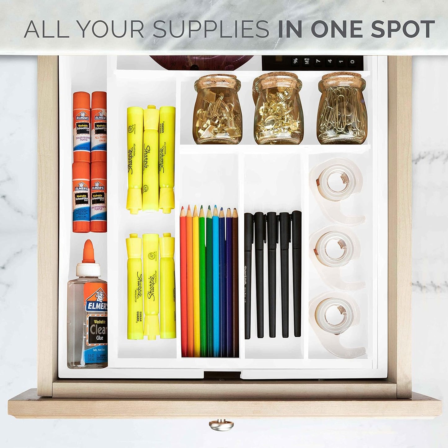 Masirs Expandable Utensil Drawer Organizer - BPA-Free Plastic Clear Silverware Tray with Multiple Compartments - Non-Slip Cutlery Storage for Kitchen, Bathroom, or Office Drawers (Clear)