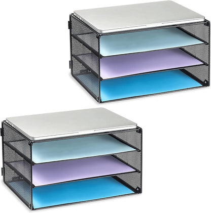 DALTACK 3 Tier Letter Tray Paper Organizer for Desk, Mesh Metal Desk File Organizer with Sliding Trays for Letter/A4 Paper, Mail, Bills & Folders, Black