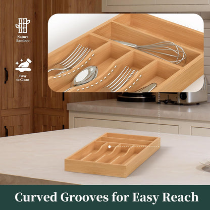 Small Silverware Organizer, Bamboo Kitchen Drawer Organizer, Utensil Holder, Cutlery Tray & Spoon Flatware Storage with Grooved Drawer Dividers (6.7''W x 12''D)