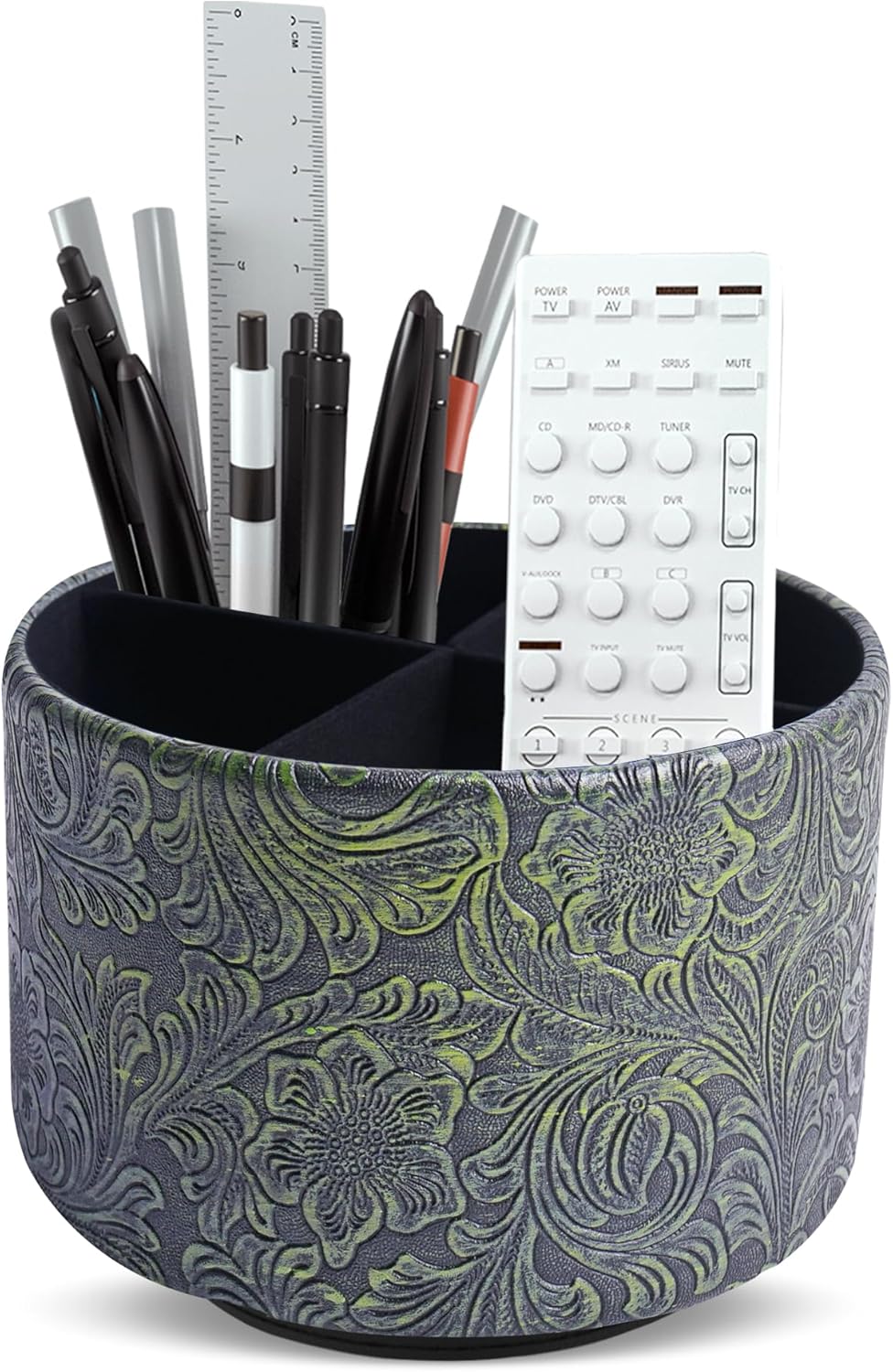 lizimandu Round Leather Art Supply Organizer,Remote Control Holder,360 Degree Spinning,Multi-Functional Pencil Holder,4 Compartments Desktop Stationary Organizer(1-Gold) - Colors A