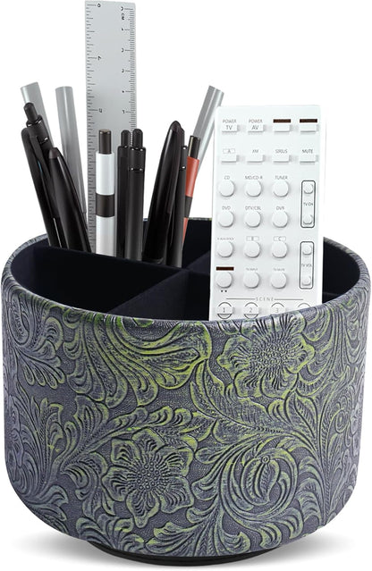 lizimandu Round Leather Art Supply Organizer,Remote Control Holder,360 Degree Spinning,Multi-Functional Pencil Holder,4 Compartments Desktop Stationary Organizer(1-Gold) - Colors A