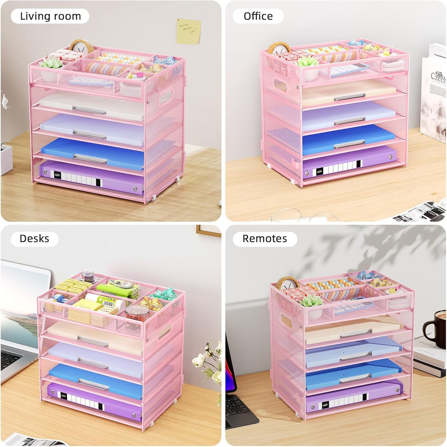 Marbrasse 5-Tier Letter Tray Paper Organizer with Handle, Multi-Functional Mesh File Organizer for Desk, Adjustable Compartments Mesh Desktop Storage for Office Supplies,Black
