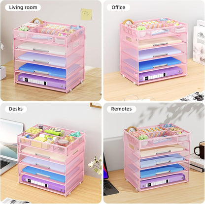 Marbrasse 5-Tier Letter Tray Paper Organizer with Handle, Multi-Functional Mesh File Organizer for Desk, Adjustable Compartments Mesh Desktop Storage for Office Supplies,Black