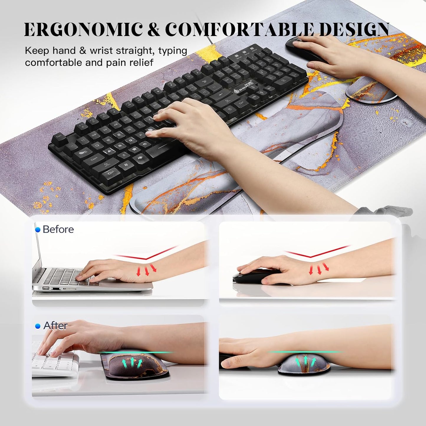 Gimars Upgrade Enlarge Silky and Superfine Fabric Gel Memory Foam Keyboard Wrist Rest Set, Ergonomic Keyboard Mouse Wrist Support for Typing Pain Relief, Comfort for Office, Gaming, Computer