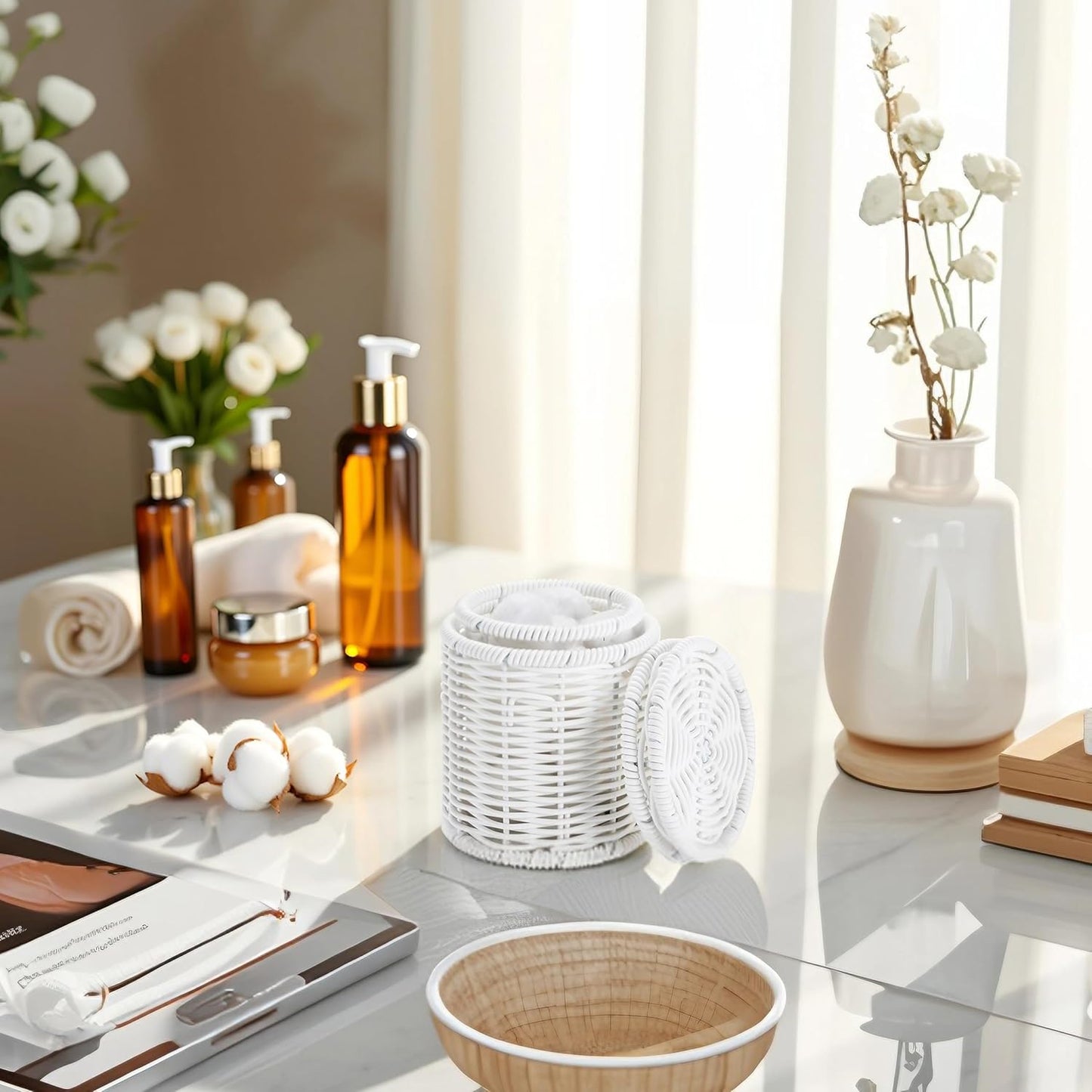 Clear Acrylic Cotton Swab Ball Holder Qtip Organizer with Lid 2-Grid Canister for Make Up Pads, Floss Picks, Vanity Storage,Bath Salts, Cosmetics, Home Bathroom Decor (DP004)